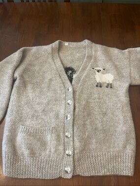 Absolutely adorable handmade Cozy Beige Wool Cardigan with Sheep Motif